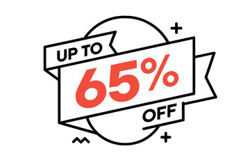 Promotional badge with up to sixty-five percent off discount on a modern ribbon banner