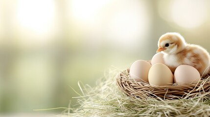 Cute chick hatching from eggs in a cozy nest surrounded by soft hay during springtime in a warm, sunlit environment