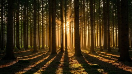 Sunlit Forest: Golden Rays Piercing Through Tall Trees Dramatic Shadows.