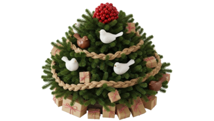 Isolated artificial Christmas tree decorated with birds and small gifts in a rustic style