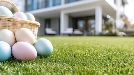 A sunny day brings a cheerful scene as colorful eggs are artfully scattered across a lush, vibrant green lawn beside a contemporary home