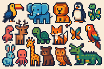 Pixel Art Wild Animals Set