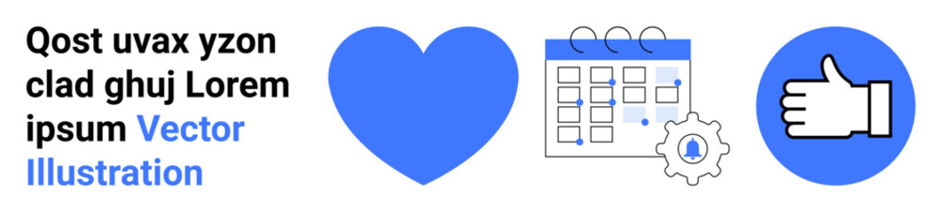 Healthcare, scheduling, teamwork, productivity, organization, support concepts. Bold blue heart, calendar with gear and thumbs up . Healthcare and scheduling effectively