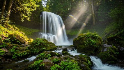 Ethereal Light Beams and a Rainbow Illuminate a Majestic Waterfall in a Verdant Forest.