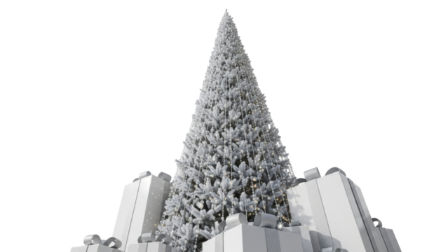 Isolated silver Christmas tree with decorations and wrapped presents ready for the holiday season