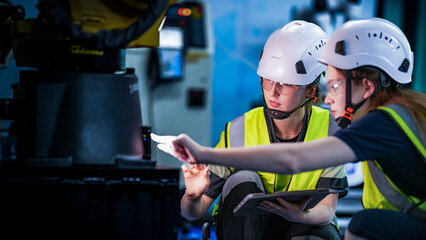 Fototapeta premium Two female engineers in hard hats and safety vests collaborate in a dark factory. They are focused, looking at a high tech machine or screen during a night shift.