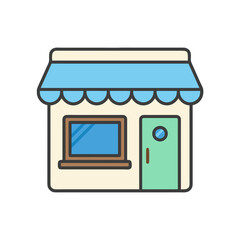 Simple cartoon storefront building with blue awning window and door on a transparent background, flat design icon graphic illustration