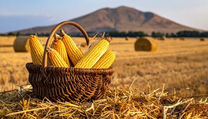 A basket of corn sits on a field of hay bales beneath a mountain at sunset