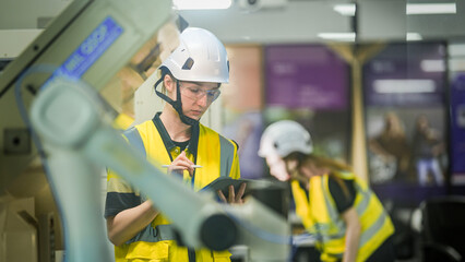 A female robotics engineer in an R and D lab uses a tablet to program an artificial intelligence cobot. She is inspecting the robotic system hardware and software diagnostics.