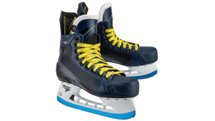 Isolated pair of blue and black hockey skates with yellow laces, ice skates with no shadows