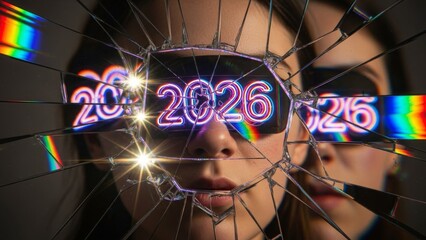 Vibrant 2026 vision reflected in shattered glass, a unique perspective on the future with striking colors and a modern, edgy aesthetic for creative projects