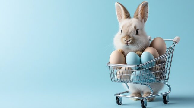 Cute bunny in a shopping cart filled with pastel colored eggs on a light blue background celebrating spring festivities and Easter traditions