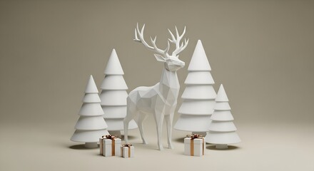 Minimalist low-poly white deer statue surrounded by abstract Christmas trees and golden gift boxes on a beige background.