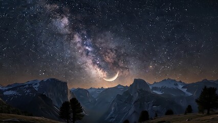 Crescent Moon and Milky Way Galaxy Illuminate a Majestic Snowy Mountain Valley at Night.