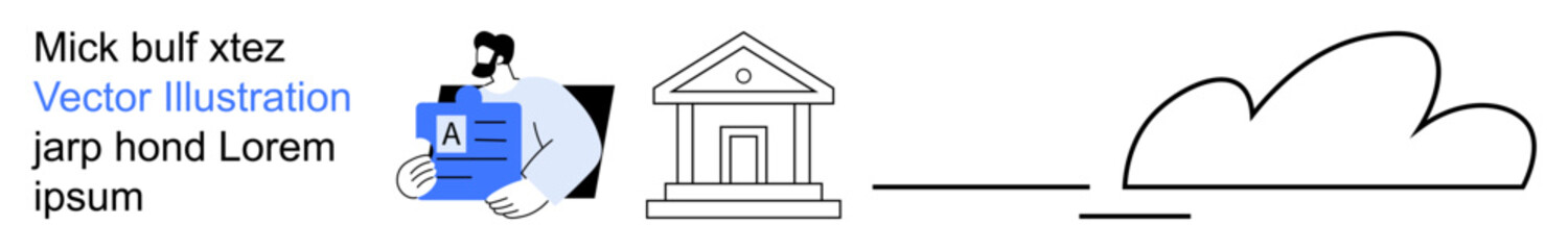 Digital tools, cloud storage, institutions, document management, online services, data security. A person holding a document beside a building and a connected cloud. Digital tools and cloud storage