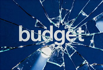 The word "budget" is prominently displayed with shattered glass effects on a dark blue background, symbolizing financial challenges or economic disruption in a conceptual design