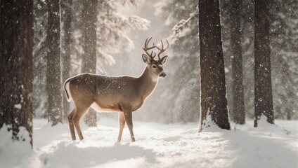 Majestic Buck in Winter Wonderland - A Serene Forest Scene.