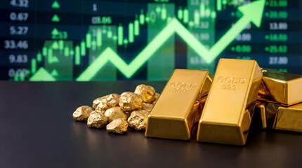 Gold bars and nuggets on display against a data backdrop showing rising stock prices and market trends
