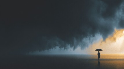 Silhouette of a person with an umbrella standing in heavy rain against a dramatic storm cloud and bright sunset sky