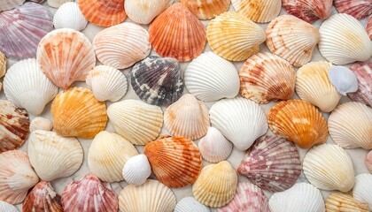Collection of colorful seashells in warm hues, arranged tightly on a neutral surface, creating a textured, organic mosaic