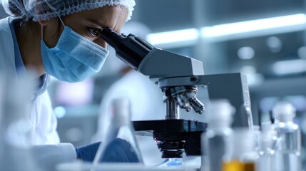 Scientist examining specimen through microscope in a modern laboratory setting