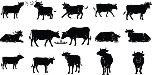 Diverse collection of zebu cattle silhouettes in various poses
