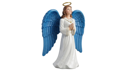 Isolated Angel Figure Statue with Halo and Blue Wings in Prayer Pose, Religious Symbol