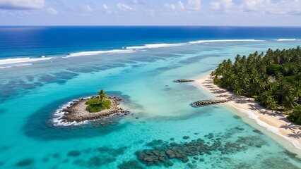 Aerial View of Tropical Paradise: Turquoise Waters Palm Trees and Island.
