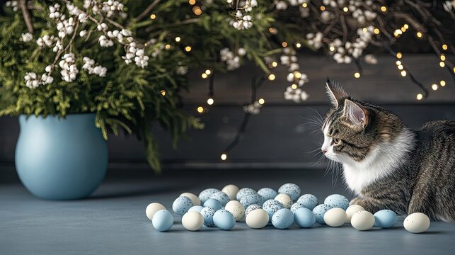 Cute tabby cat exploring pastel colored eggs near a floral arrangement with fairy lights on a soft blue surface