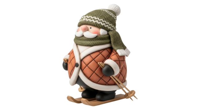 Isolated figure of Santa on skis, in hat, and scarf, ready for Christmas holiday season