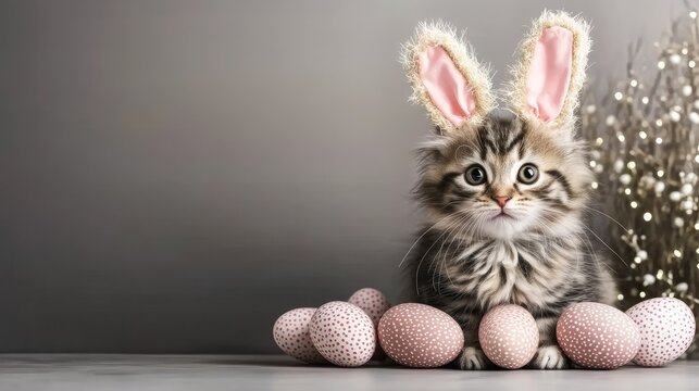 Cute kitten with bunny ears surrounded by decorative eggs on a neutral background during spring holiday festivities