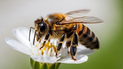 Honeybee Close-Up: Detailed View on White Daisy with Green Background.