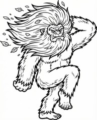 Naklejka premium Fierce Monster with Flowing Hair Striding Through Nature with Leaves in Motion
