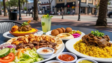 Obraz premium Delicious Middle Eastern Cuisine A Colorful Spread of Shawarma, Falafel, and Hummus