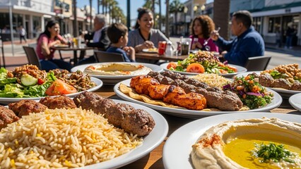 Delicious Middle Eastern Feast Shared by Family at Outdoor Restaurant