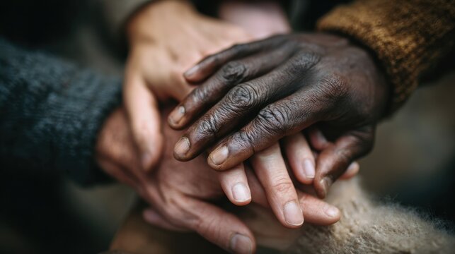 Close up of diverse hands dark and light skin tones linked together in unity and support