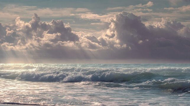 Ocean waves crashing on a beach under a dramatic cloudy sky with sunbeams