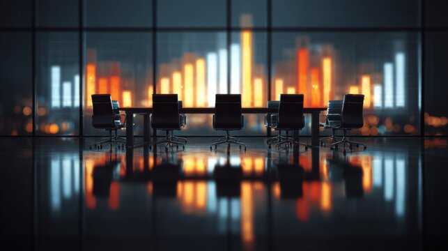 Empty modern boardroom with chairs around a table and blurred financial charts displayed on the window