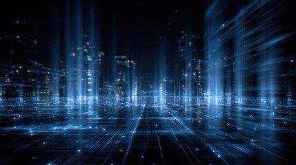 Abstract futuristic cityscape with glowing digital grid and light beams