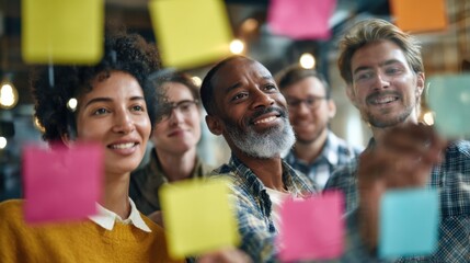 Diverse team members collaborate smiling and looking at colorful sticky notes on a glass wall