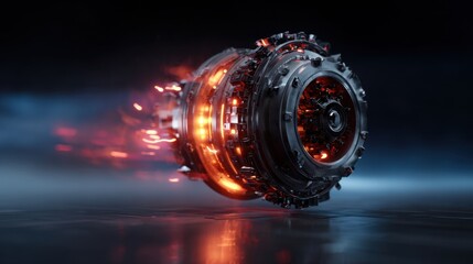 Intricate futuristic engine core with glowing orange energy and sparks dark background