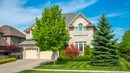 A daytime photograph of a luxurious two-story suburban house with beige stone exterior walls and gray roof shingles.