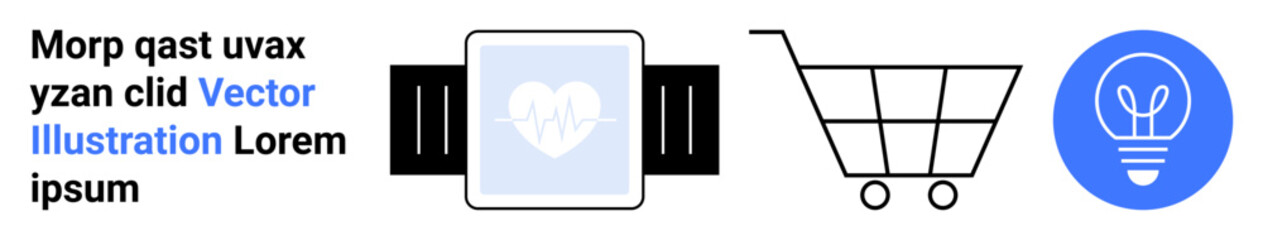 Technology, online shopping, healthcare, smart devices, innovation, e-commerce. Minimalist smartwatch with a heart icon, shopping cart and light bulb graphic. Healthcare and technology