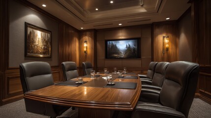 Fototapeta premium A luxurious boardroom with a large wooden table leather chairs and artwork on the wall