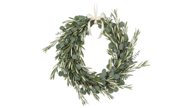 Isolated Eucalyptus and Olive Leaf Wreath with Ribbon – Spring Home Decor with Greenery Foliage