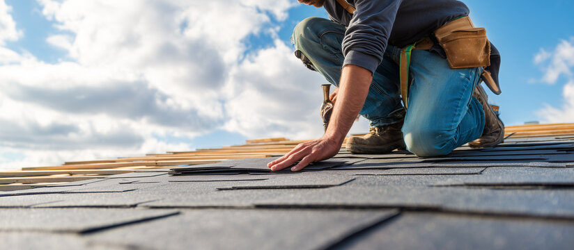 worker laying down shingles on a new roof