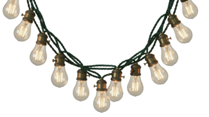 Isolated Outdoor string lights hanging in a decorative pattern, vintage-style light bulbs