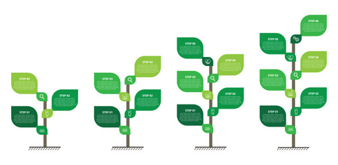 Four growing green leaf infographic timelines showing progress and development stages