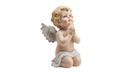 Isolated baby angel kneeling in prayer with folded hands, heavenly cherub for Valentine's Day