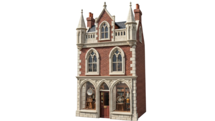 Isolated three-story dollhouse or model building with storefront and gothic detailing on red brick